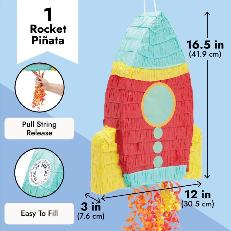 BLUE PANDA Rocket Ship Pull String Pinata for Space Birthday Decorations, Party Supplies & Outer Space Party Decor - 16.5 x 12.5 x 3 In, Red - Image 3